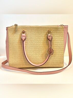 Anne Klein Marley Pink Straw Raffia Leather Tote Crossbody